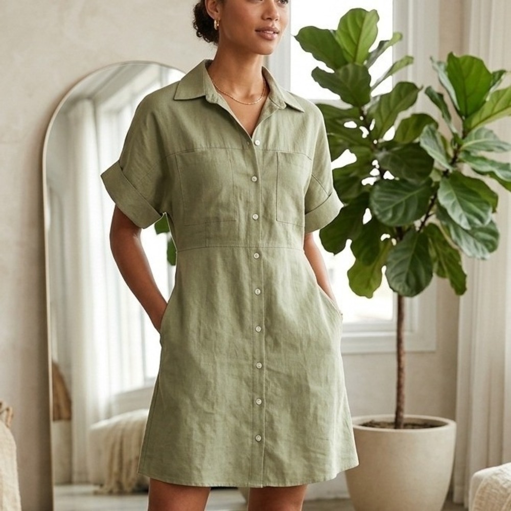 Urban Revivo Womens Sage Green Cotton Button Front Mini Shirt Dress Size S US 4
